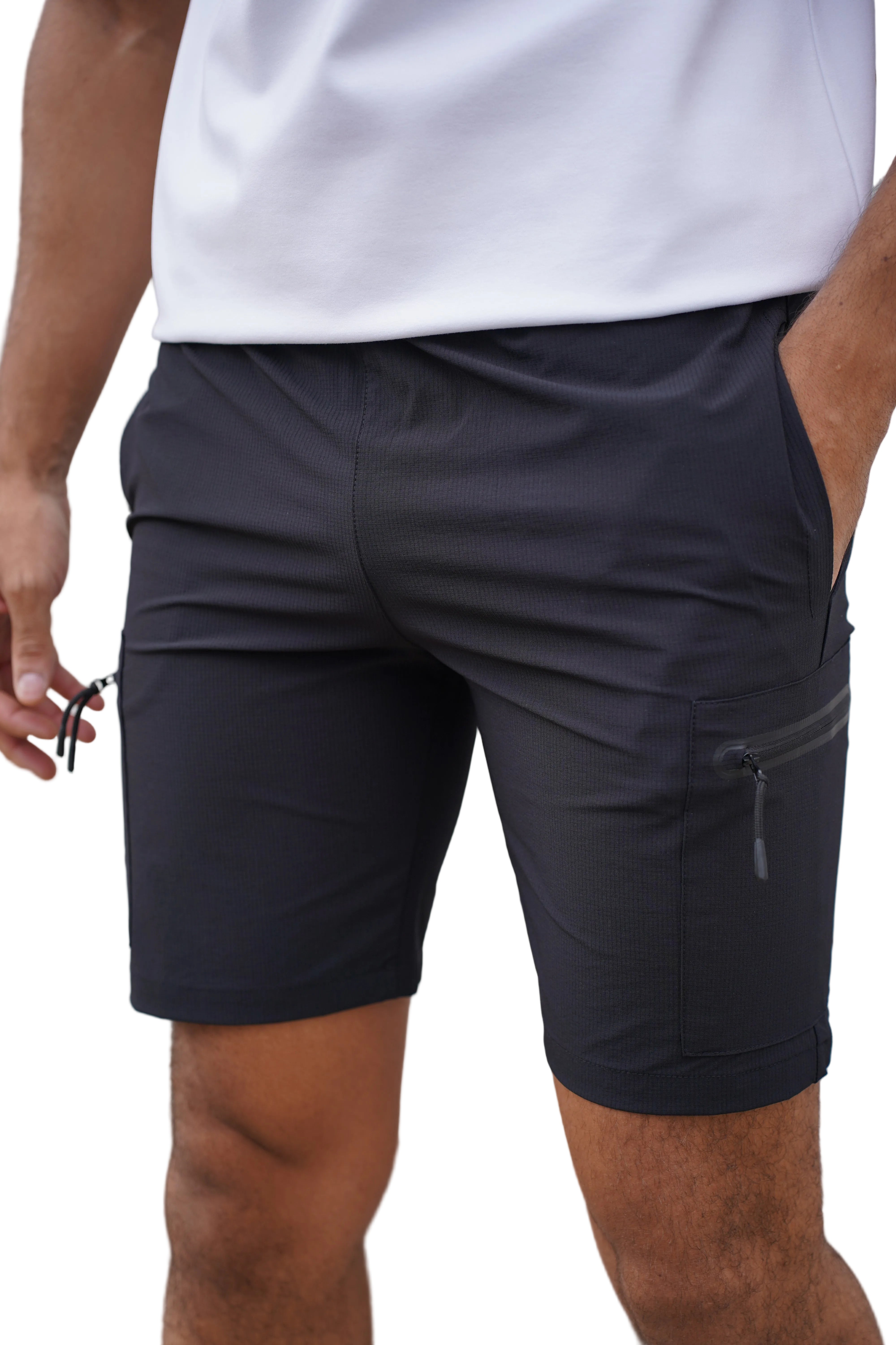 Front view of CAPO Utility Tech Cargo Black Shorts
